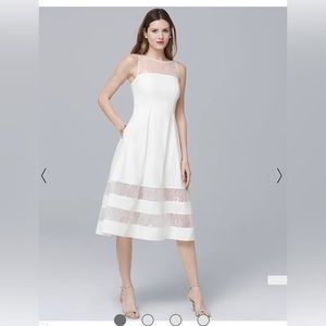 Aidan Mattox ivory illusion, fit & flare, crepe, and lace cutouts midi dress